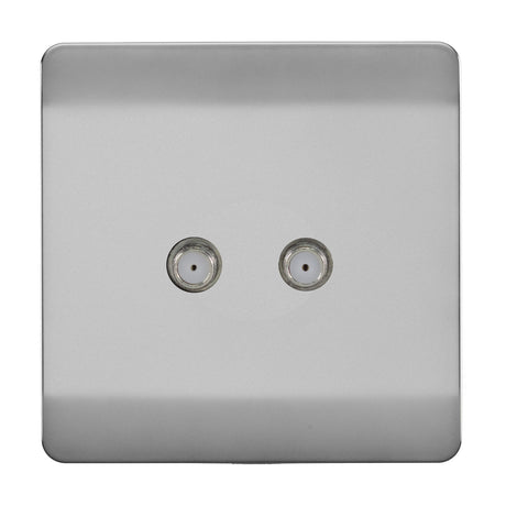 2 Gang Satellite Outlet in brushed steel with a screwless square plate and two threaded F-type connectors, shown on a plain white background.