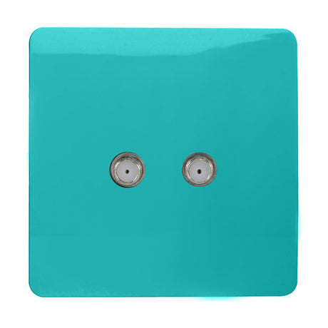 2 Gang Satellite Outlet in bright teal, a screwless square plate with two F-type connectors, smooth ABS finish, shown on a plain white background.