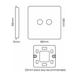 Technical line drawing of a 2 gang F-type satellite socket showing front, side and rear views with dimensions: 88mm x 88mm face, 9mm depth, and mounting plate with 25mm back box recommendation.