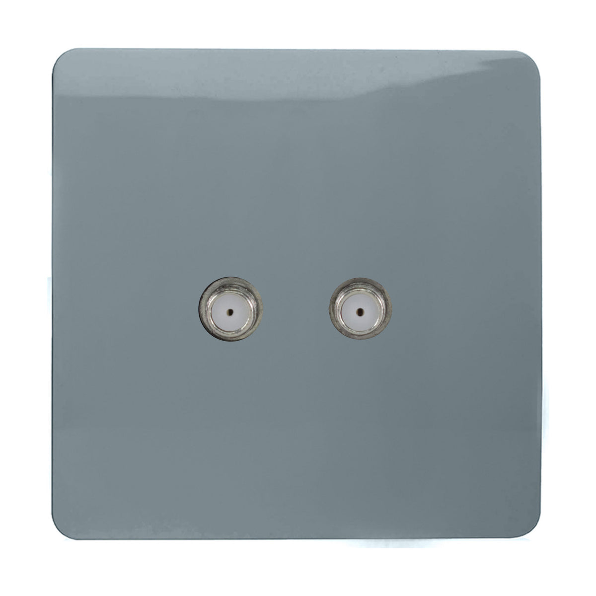2 Gang Satellite Outlet in cool grey, a screwless square plate with two F-type connectors, shown on a plain white background.