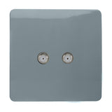 2 Gang Satellite Outlet in cool grey, a screwless square plate with two F-type connectors, shown on a plain white background.