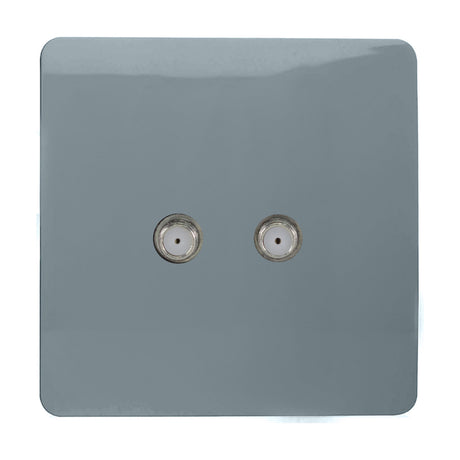 2 Gang Satellite Outlet in cool grey, a screwless square plate with two F-type connectors, shown on a plain white background.