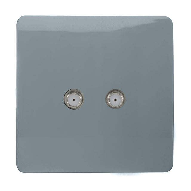 2 Gang Satellite Outlet in cool grey, a screwless square plate with two F-type connectors, shown on a plain white background.