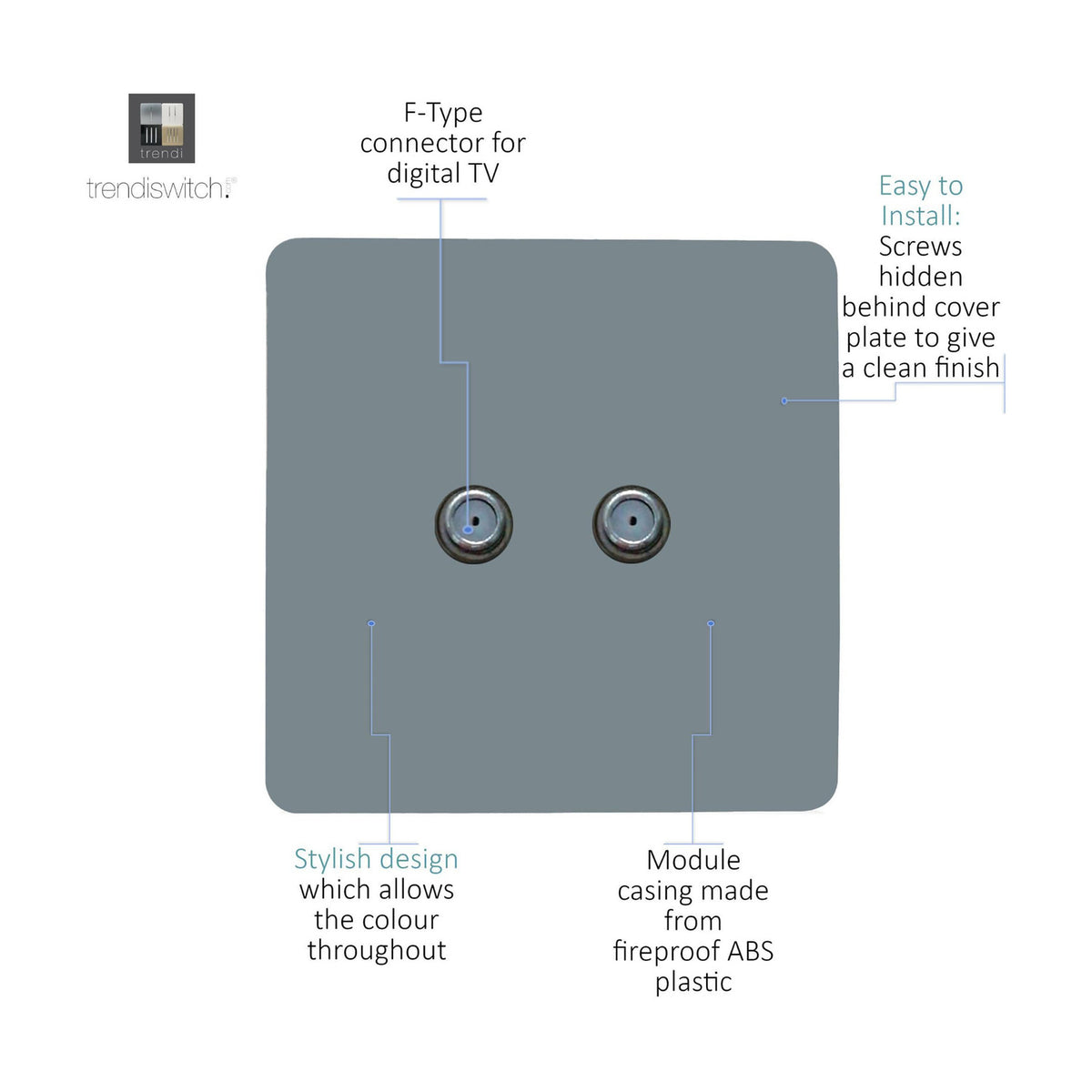 2 Gang Satellite Outlet in cool grey, a screwless square plate with two F-type connectors, shown with labelled callouts on a white background.