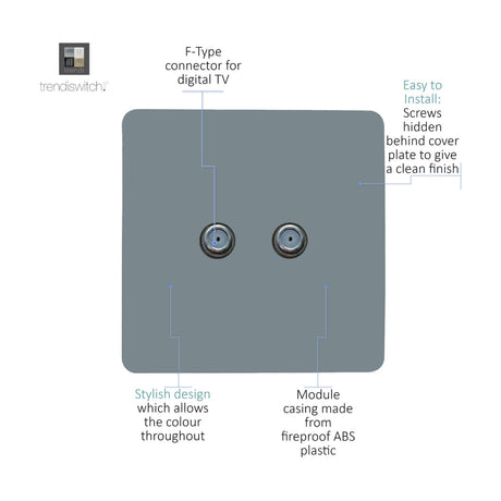2 Gang Satellite Outlet in cool grey, a screwless square plate with two F-type connectors, shown with labelled callouts on a white background.