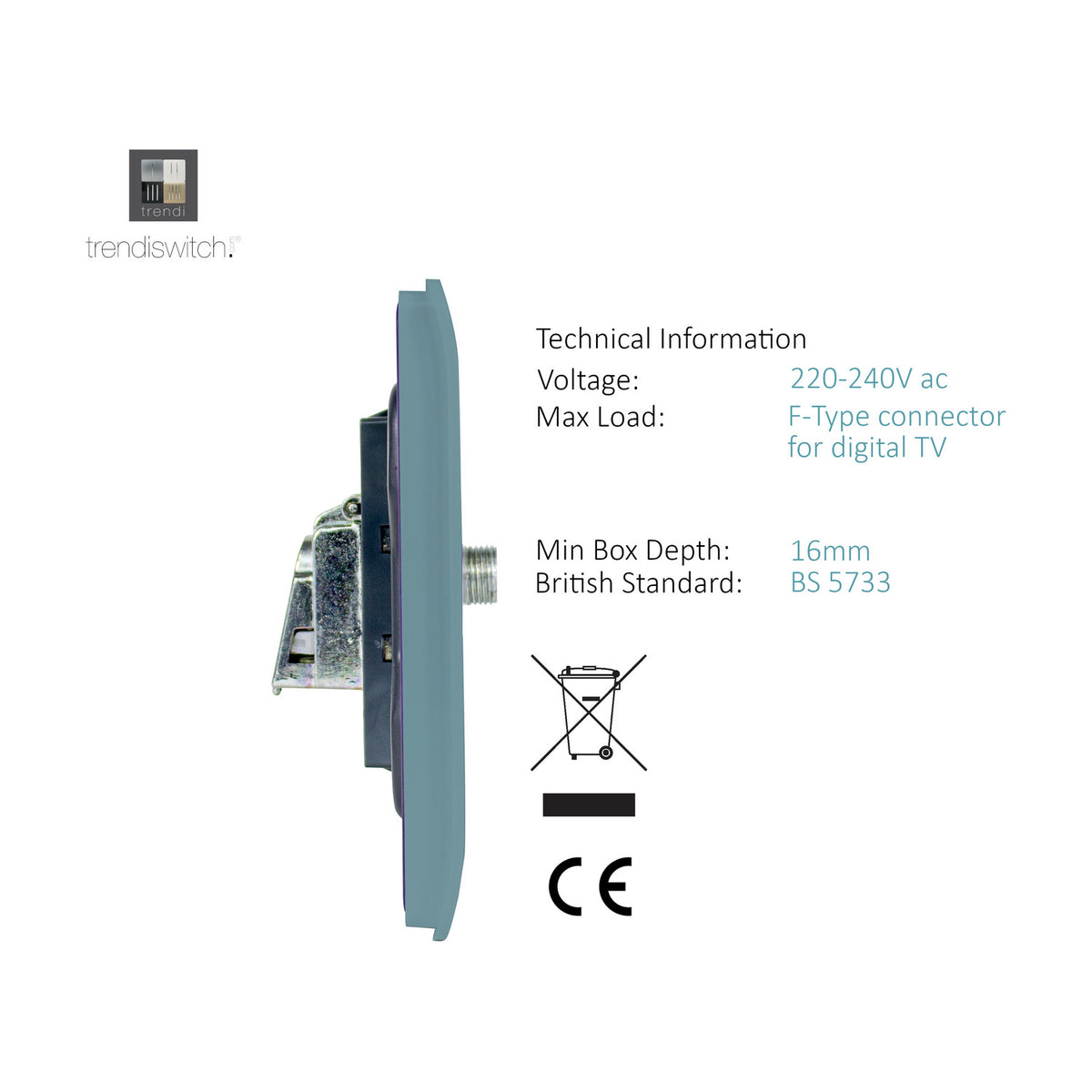 Side view of a screwless cool grey satellite outlet plate showing depth, F-type threaded connector, and metal mounting bracket, with technical specifications and CE mark on white background.