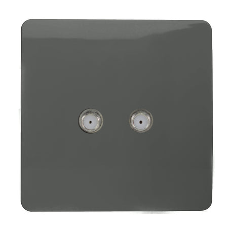 Square 2 gang satellite outlet in charcoal with a screwless flat plate, featuring two chrome-rimmed F-type coaxial connectors, shown on a plain white background.