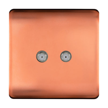 Square copper 2 gang satellite outlet with two threaded F-type connectors, screwless flat plate, shown on a plain white background.