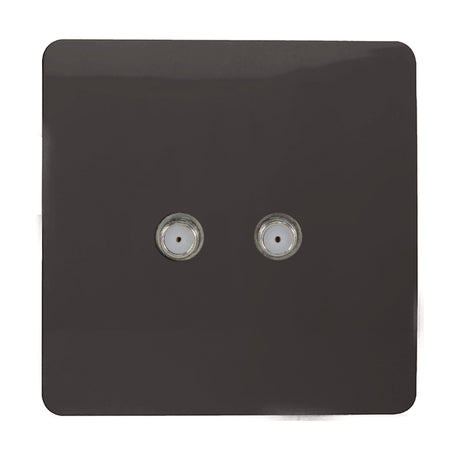 Square 2 gang satellite outlet in dark brown with a screwless plate and two chrome F-type coaxial connectors, shown on a plain white background.