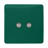 Square dark green 2 gang satellite outlet with a screwless plate and two chrome F-type connectors, shown on a plain white background.