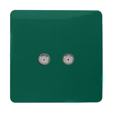 Square dark green 2 gang satellite outlet with a screwless plate and two chrome F-type connectors, shown on a plain white background.