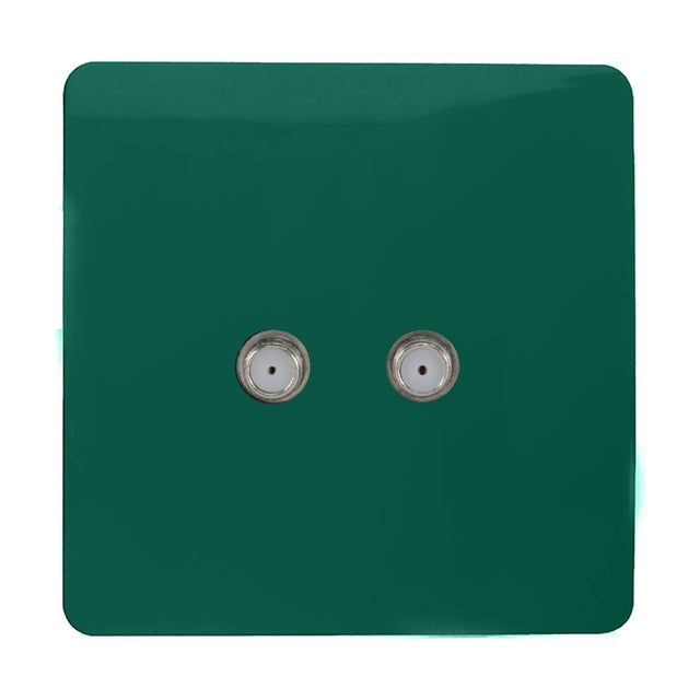 Square dark green 2 gang satellite outlet with a screwless plate and two chrome F-type connectors, shown on a plain white background.