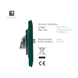 Side profile of a 2 gang satellite outlet in dark green with screwless faceplate, showing metal mounting bracket and F-type connector, technical specifications listed alongside.