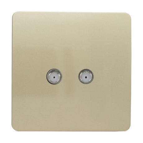 2 Gang Satellite Outlet in champagne gold, a screwless square plate with two side-by-side F-type connectors, shown on a plain white background.
