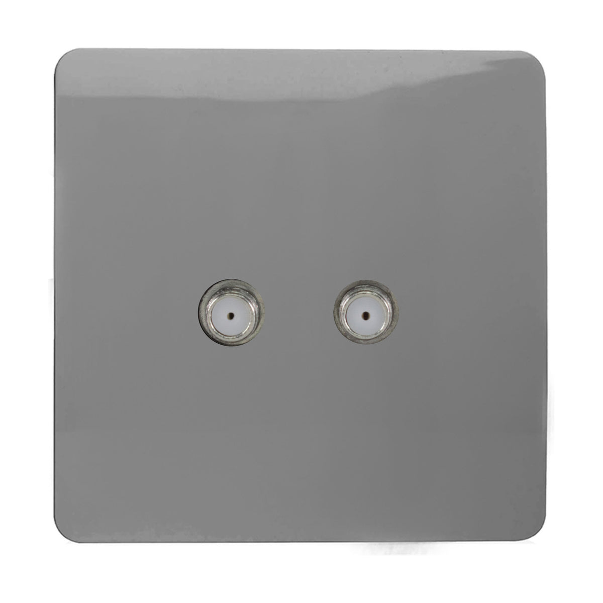 Square light grey 2 gang satellite outlet plate with two F-type screw connectors, screwless polycarbonate finish, shown on a plain white background.