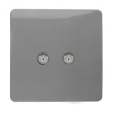 Square light grey 2 gang satellite outlet plate with two F-type screw connectors, screwless polycarbonate finish, shown on a plain white background.