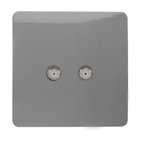 Square light grey 2 gang satellite outlet plate with two F-type screw connectors, screwless polycarbonate finish, shown on a plain white background.