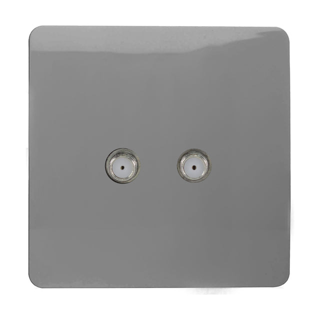 Square light grey 2 gang satellite outlet plate with two F-type screw connectors, screwless polycarbonate finish, shown on a plain white background.