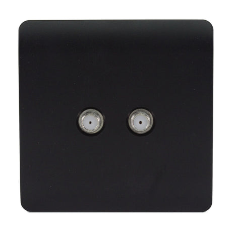 Square screwless matt black 2 gang satellite outlet with two F-type connectors, shown on a plain white background.