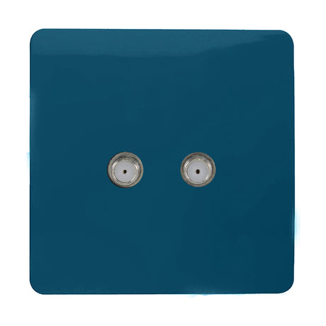 Square screwless 2 gang satellite outlet in midnight blue with two chrome F-type coaxial connectors on a flat metal plate, shown on a plain white background.