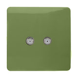 2 Gang Satellite Outlet in moss green, a screwless square plate with two threaded F-type connectors, shown on a plain white background.