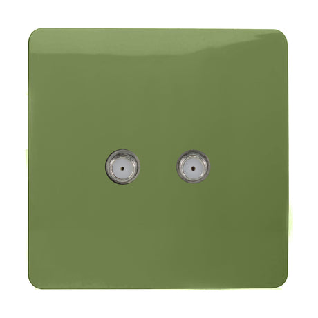 2 Gang Satellite Outlet in moss green, a screwless square plate with two threaded F-type connectors, shown on a plain white background.