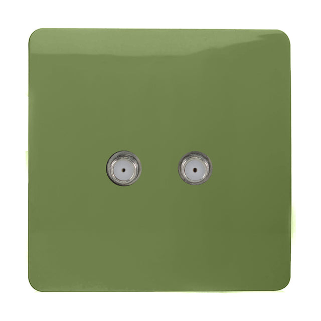 2 Gang Satellite Outlet in moss green, a screwless square plate with two threaded F-type connectors, shown on a plain white background.