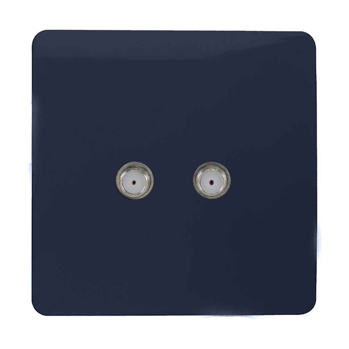 Square screwless 2 gang satellite outlet in navy blue with two chrome F-type connectors, set on a plain white background.