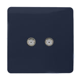 Square screwless 2 gang satellite outlet in navy blue with two chrome F-type connectors, set on a plain white background.