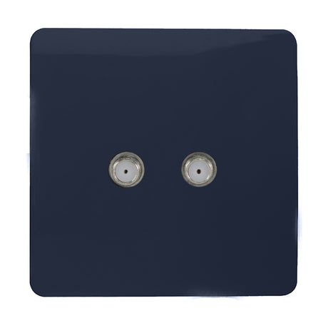Square screwless 2 gang satellite outlet in navy blue with two chrome F-type connectors, set on a plain white background.