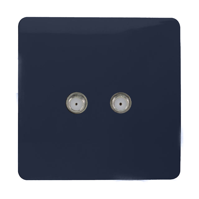 Square screwless 2 gang satellite outlet in navy blue with two chrome F-type connectors, set on a plain white background.