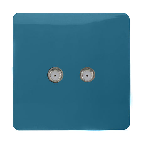 2 Gang Satellite Outlet in Ocean Blue, screwless square plate with two threaded F-type connectors, shown on a plain white background.