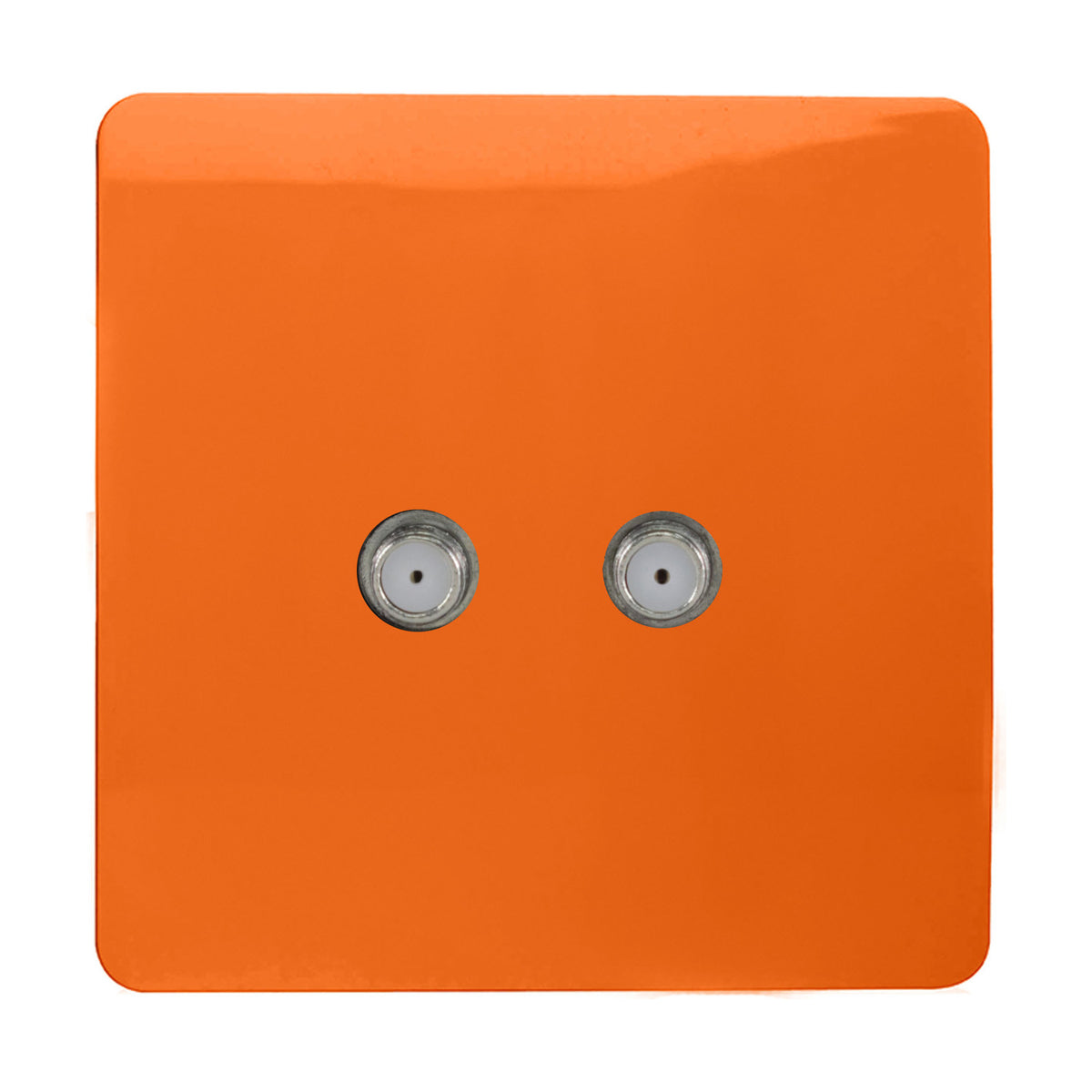 2 Gang Satellite Outlet in orange, a square screwless plate with two side-by-side F-type connectors, shown on a plain white background.