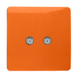 2 Gang Satellite Outlet in orange, a square screwless plate with two side-by-side F-type connectors, shown on a plain white background.
