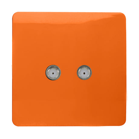 2 Gang Satellite Outlet in orange, a square screwless plate with two side-by-side F-type connectors, shown on a plain white background.