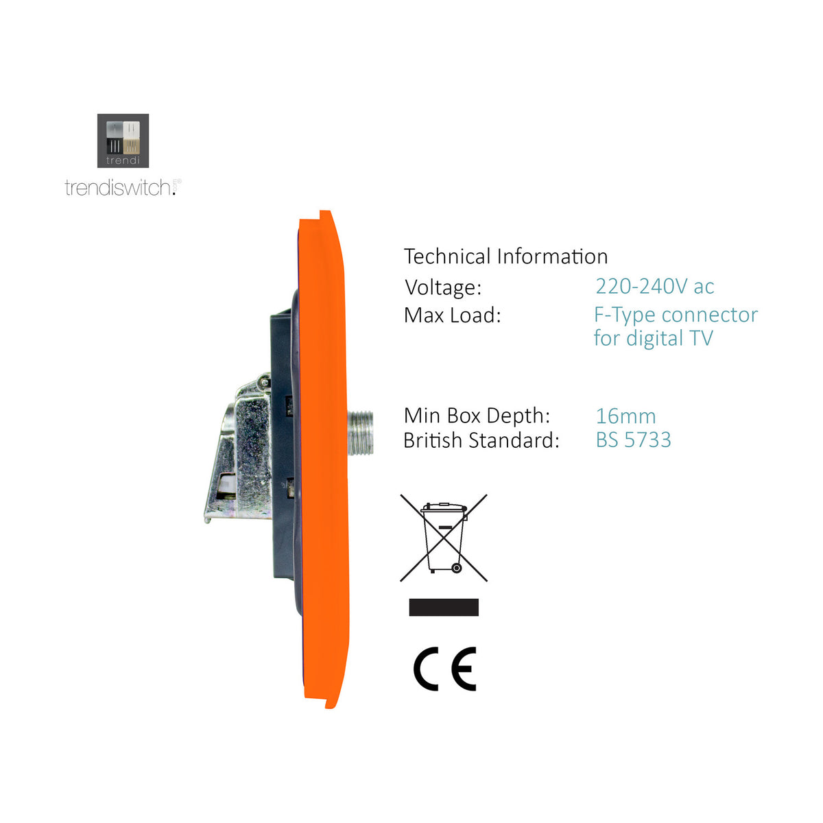 Side profile of the 2 Gang Satellite Outlet in orange, showing screwless plate depth, metal mounting bracket, and F-type connector thread on a white background.