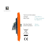 Side profile of the 2 Gang Satellite Outlet in orange, showing screwless plate depth, metal mounting bracket, and F-type connector thread on a white background.