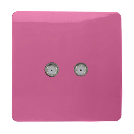 Square screwless 2 gang satellite outlet in pink, featuring two chrome F-type connectors on a flat polycarbonate plate against a white background.