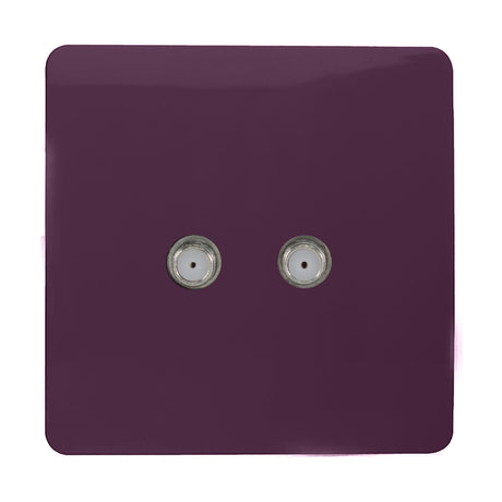 Screwless 2 gang satellite outlet in plum finish with two chrome F-type connectors on a square plate, shown against a white background.