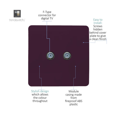 Screwless square plum-finish 2 gang satellite outlet with two F-type connectors, labelled diagram showing digital TV connection, hidden screws, and ABS plastic casing.