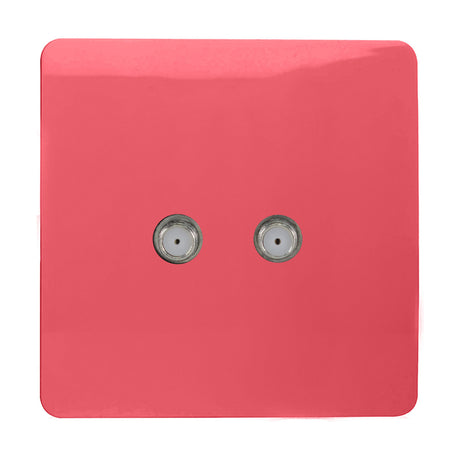 2 Gang Satellite Outlet in strawberry pink, a square screwless plate with two threaded F-type connectors, shown on a plain white background.