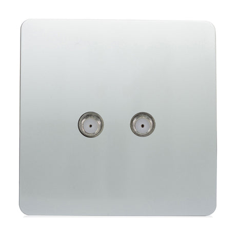 2 Gang Satellite Outlet in platinum silver, a screwless square plate with two F-type coaxial connectors side by side, shown on a plain white background.
