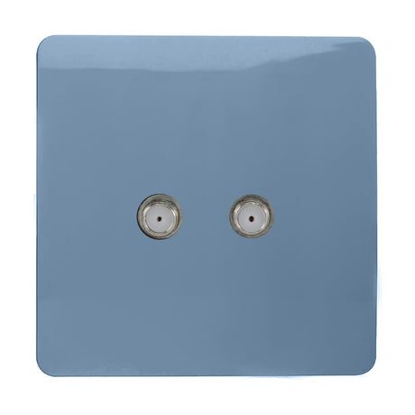 Screwless 2 gang satellite outlet in sky blue with two F-type connectors on a square plate, shown on a plain white background.