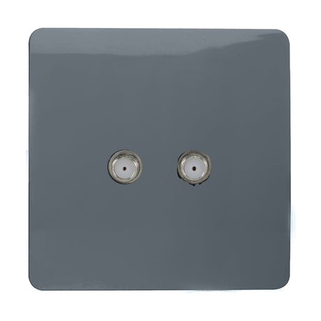 2 Gang Satellite Outlet in warm grey, a square screwless plate with two chrome F-type connections, shown against a plain white background.