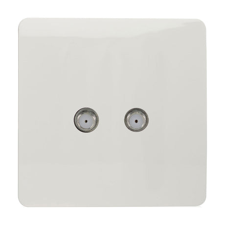 2 Gang Satellite Outlet in Ice White, square screwless plate with two F-type coaxial connectors, shown on a plain white background.