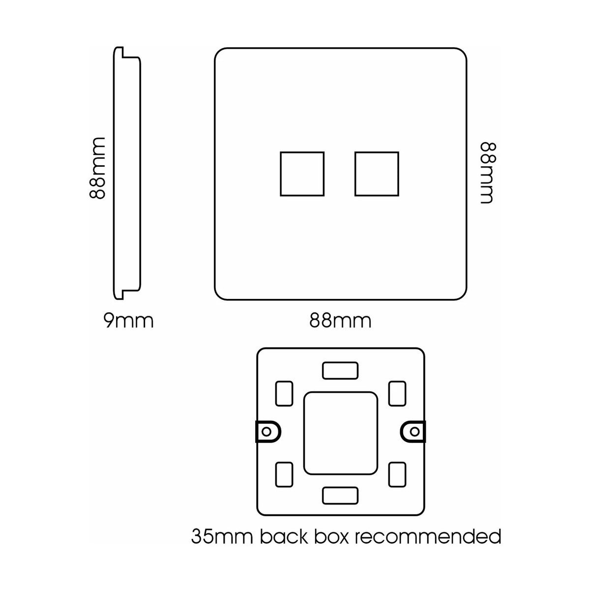 Technical line drawing of a 2 Gang Telephone Socket in carbon fibre, showing front, side, and rear views with 88mm square plate, 9mm depth, and 35mm back box guidance.
