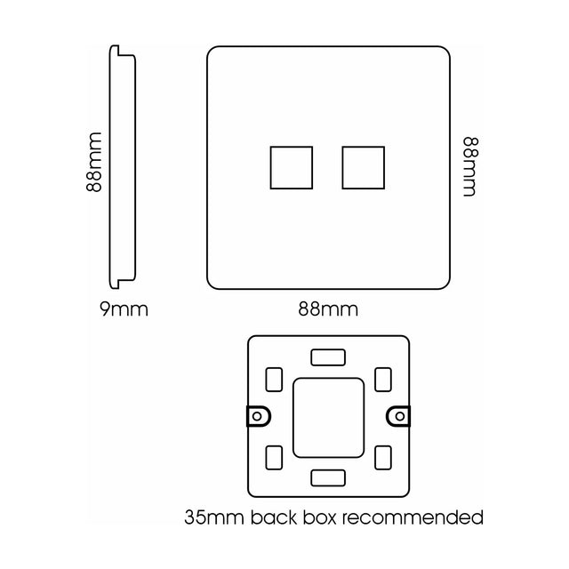 Technical line drawing of a 2 Gang Telephone Socket in carbon fibre, showing front, side, and rear views with 88mm square plate, 9mm depth, and 35mm back box guidance.