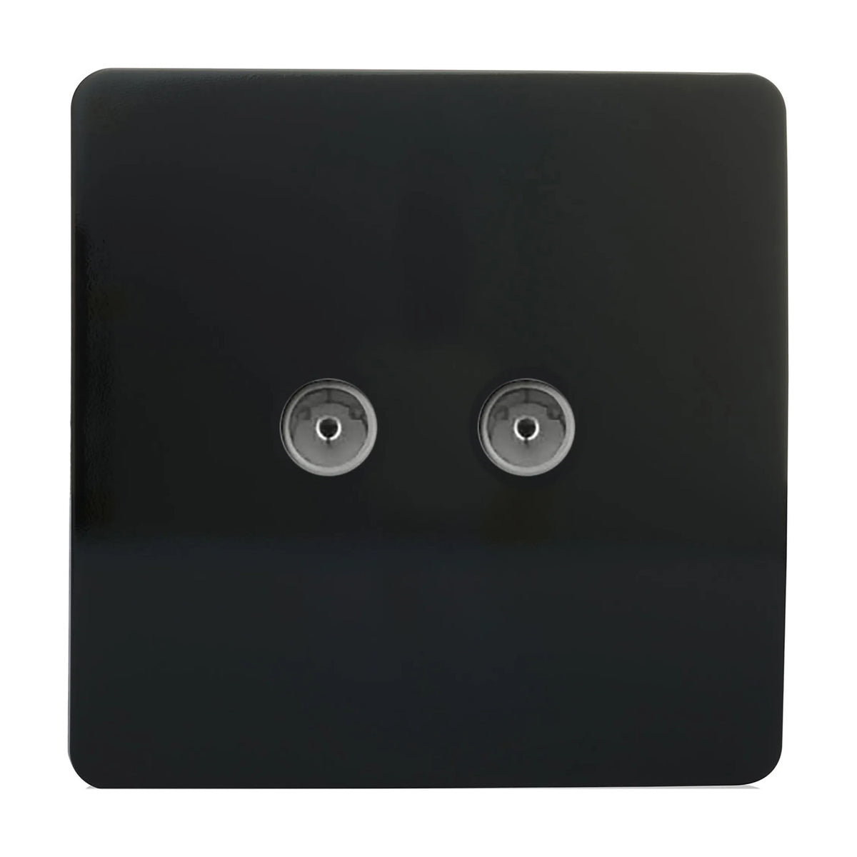 2 Gang TV Aerial Socket in piano black with a screwless square plate and two side-by-side coaxial ports, shown on a plain white background.
