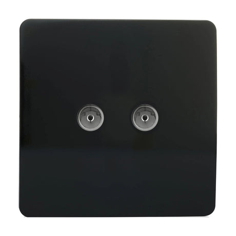2 Gang TV Aerial Socket in piano black with a screwless square plate and two side-by-side coaxial ports, shown on a plain white background.