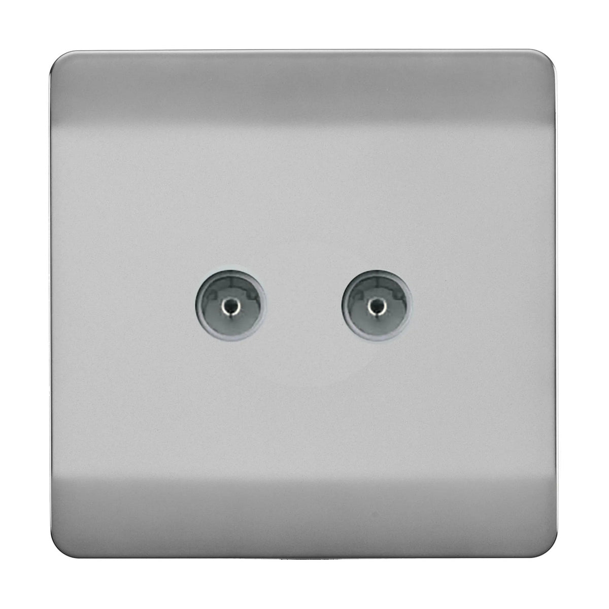 Square 2 gang TV aerial outlet in brushed steel with two side-by-side coaxial ports on a screwless flat plate, shown on a plain white background.